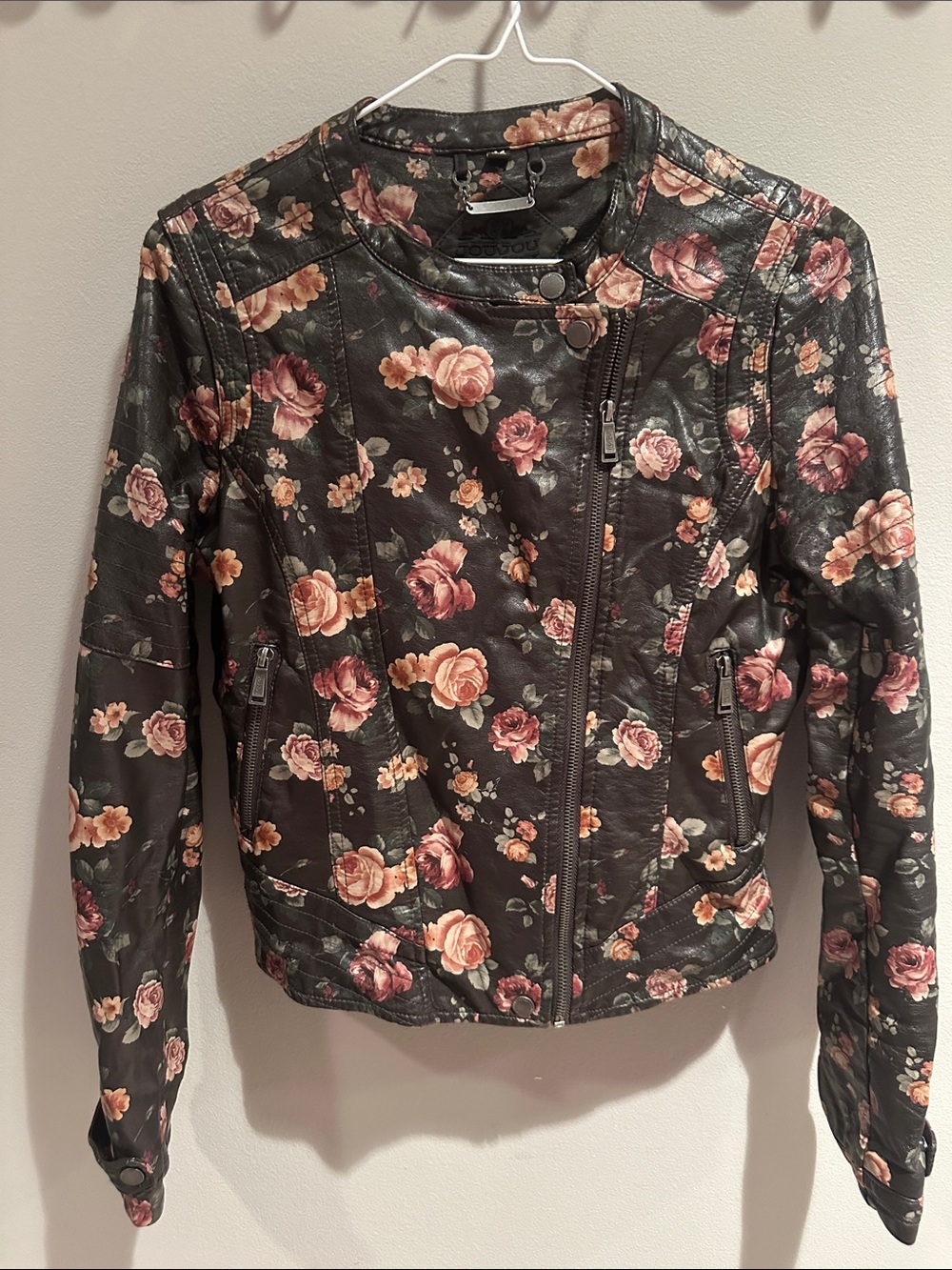 Jou Jou Black Faux Leather Floral Moto Jacket with Pink Roses